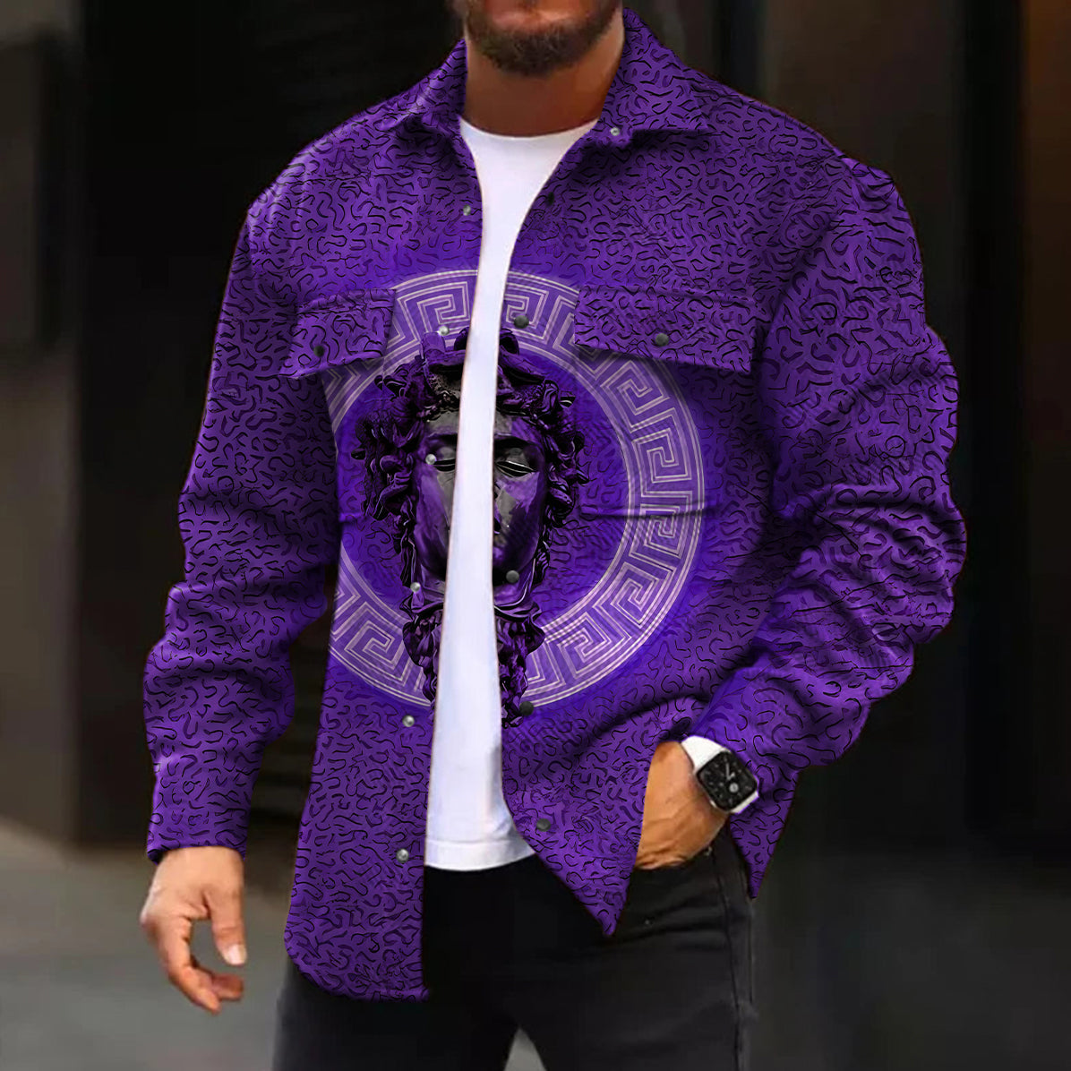 Casual Jacket Fashion Gradient Green Art Sculpture Pattern Printed Long Sleeve Pocket Jacket