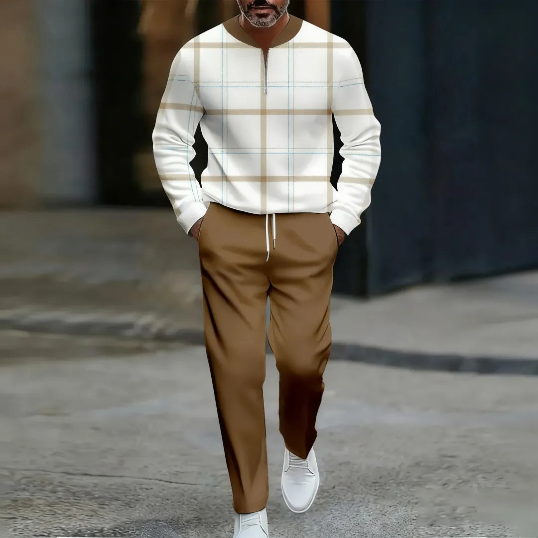 Neck Zipper Long Sleeved Trousers Two-Piece Set