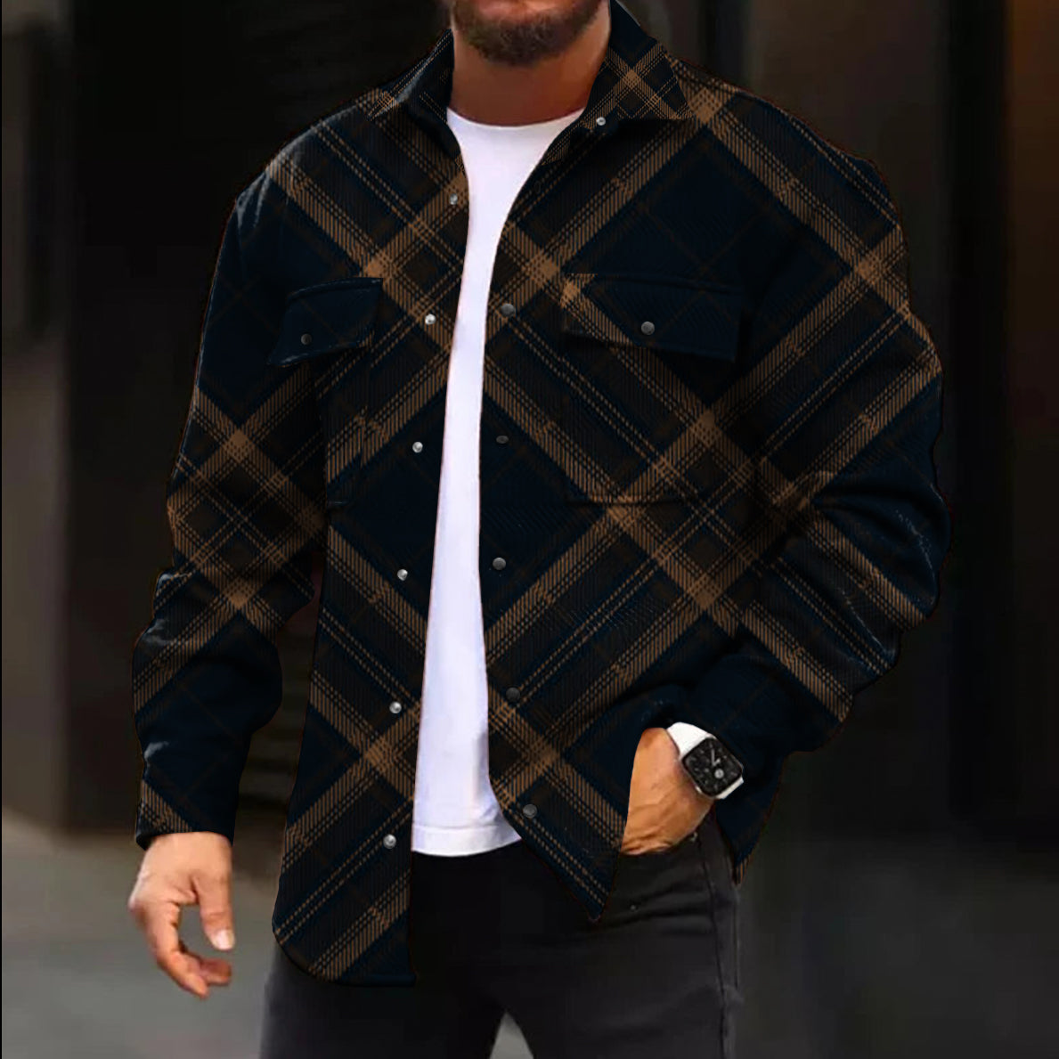 Casual Jacket Fashion Brown Check Blue Print Long Sleeve Pocket Jacket