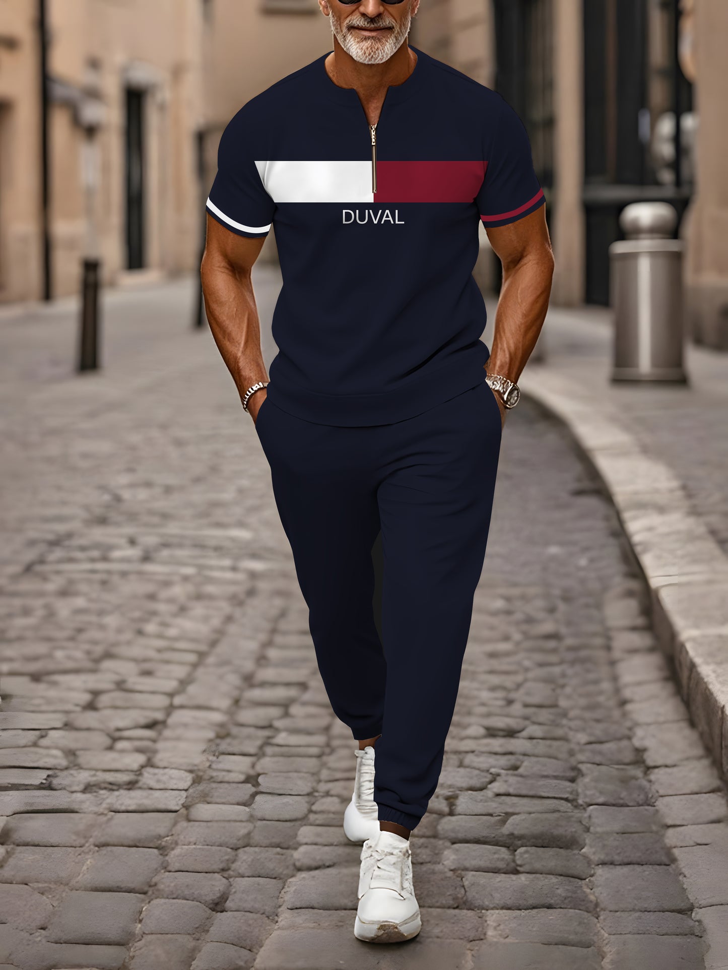 Zipper Short Sleeve Long Pants Two-Piece Set