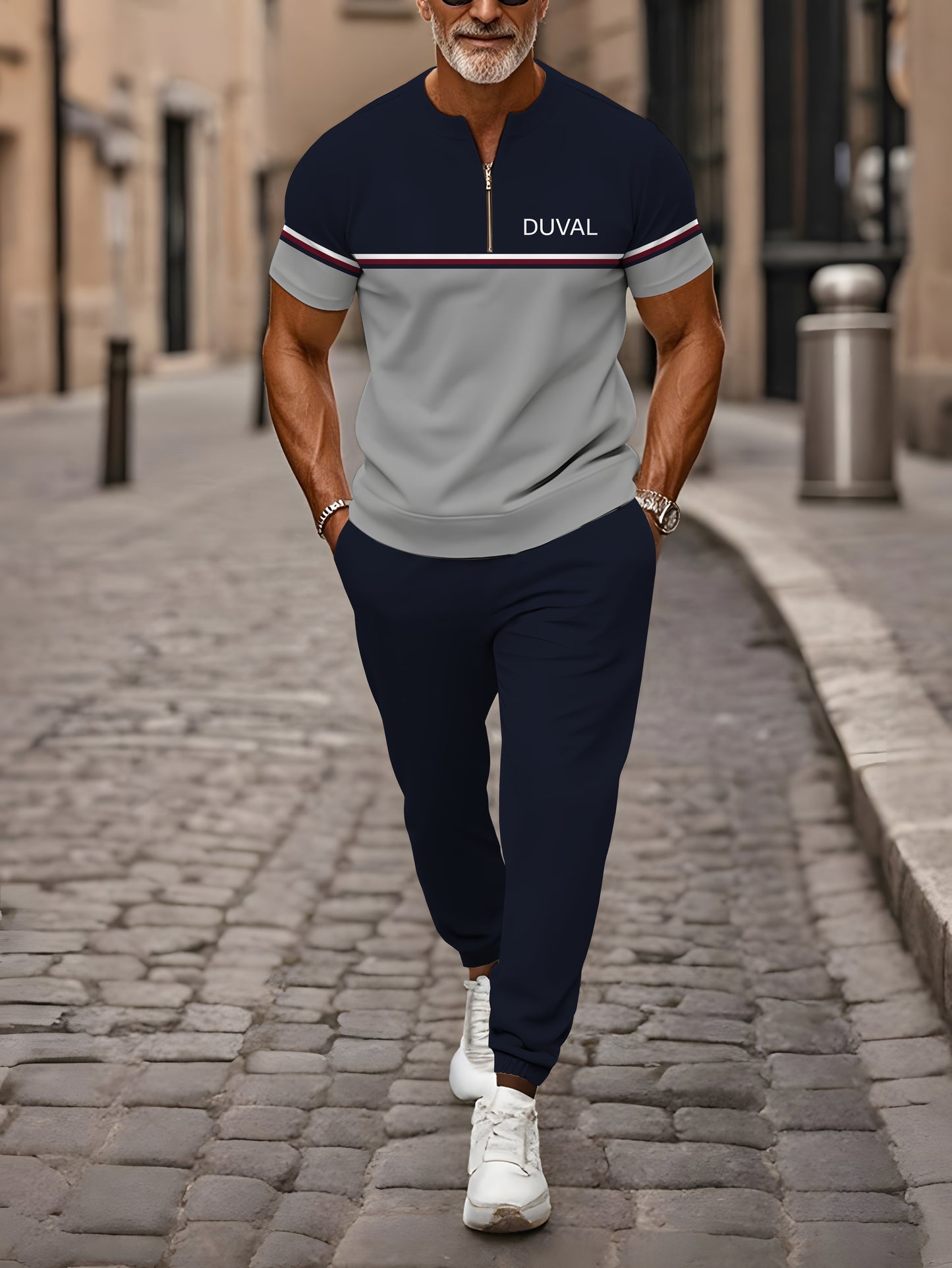 Zipper Short Sleeve Long Pants Two-Piece Set