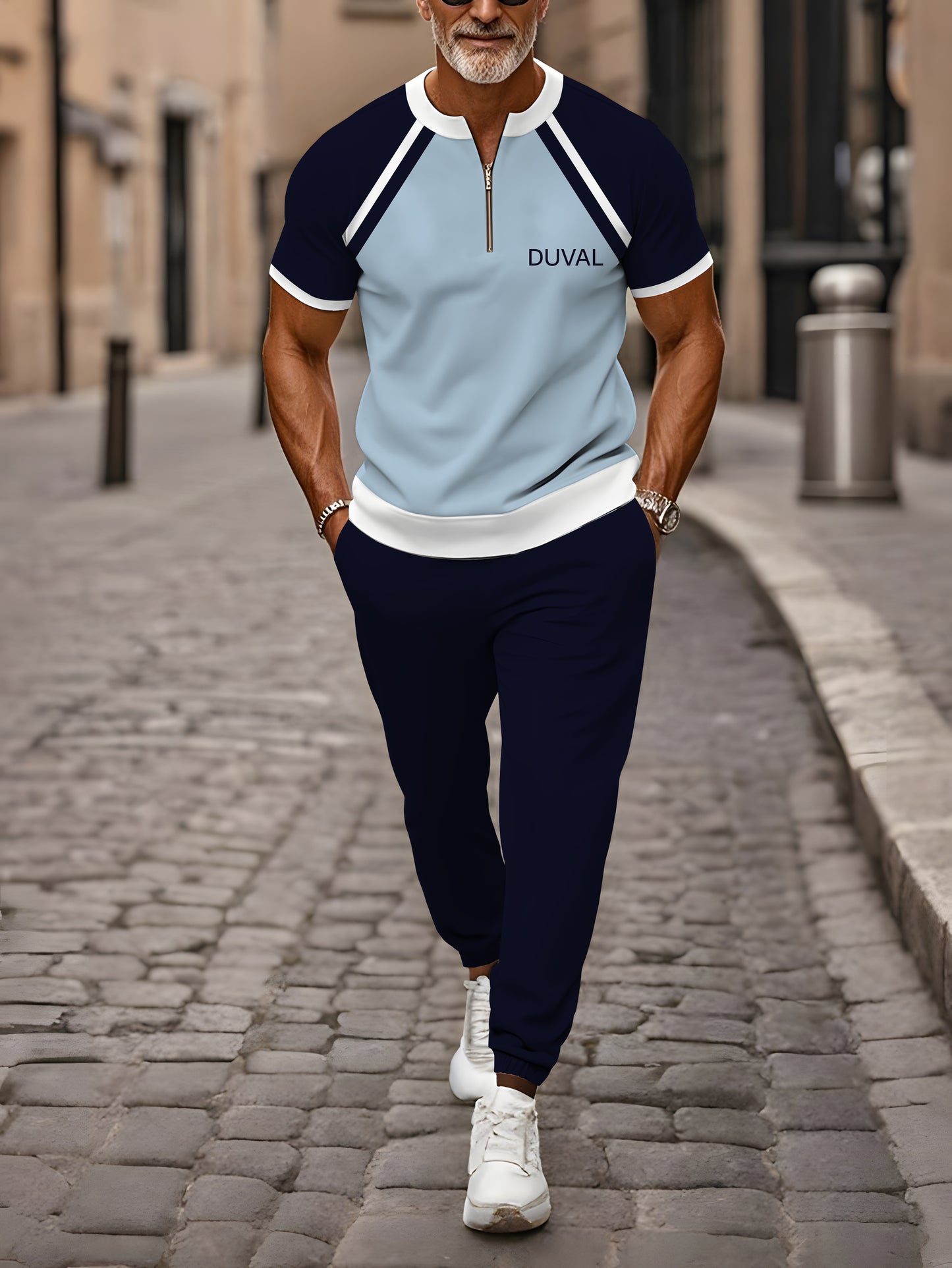 Zipper Short Sleeve Long Pants Two-Piece Set