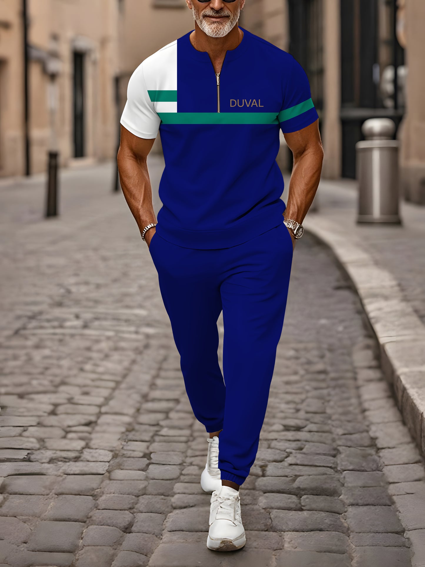 Zipper Short Sleeve Long Pants Two-Piece Set