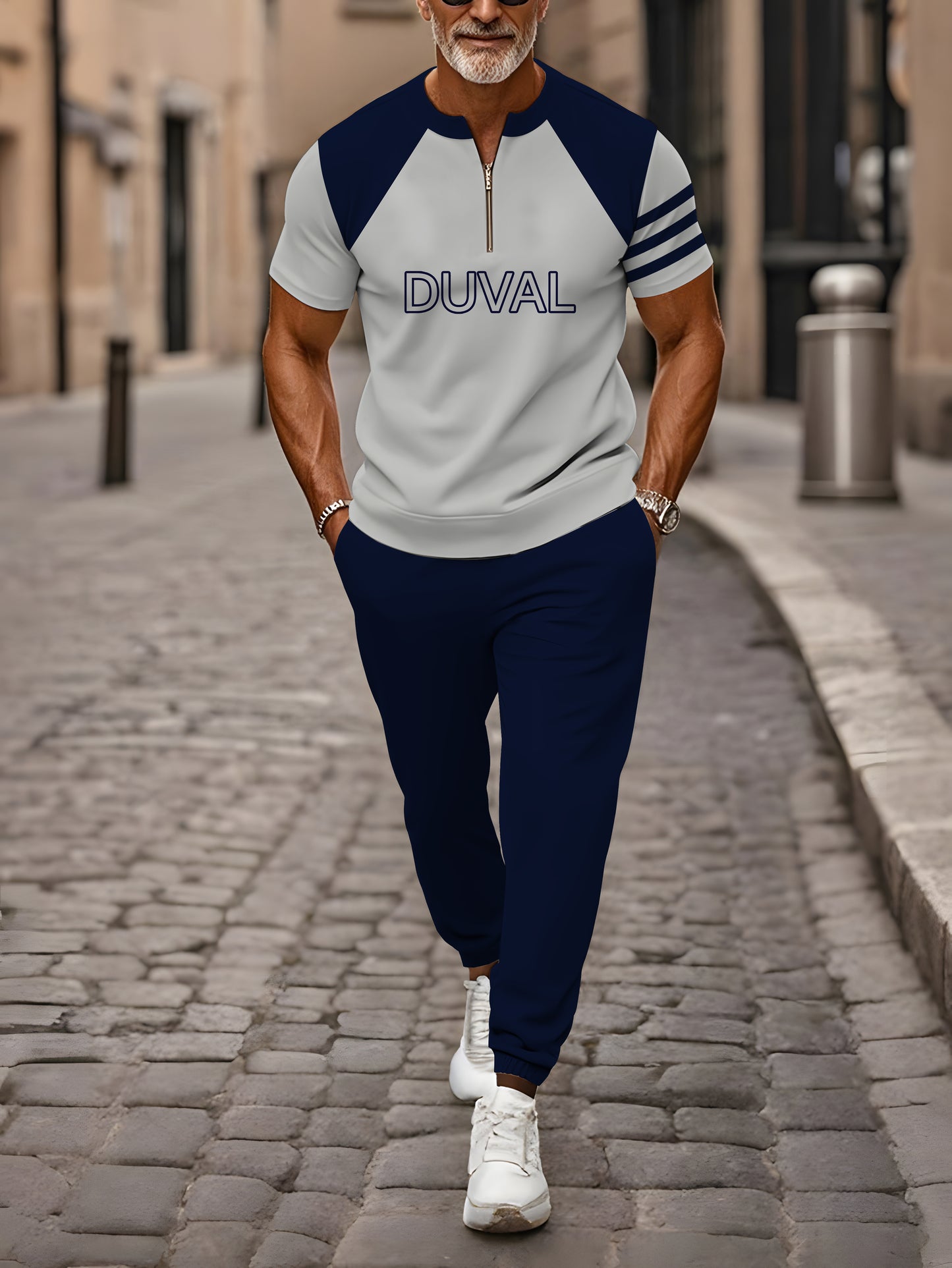 Zipper Short Sleeve Long Pants Two-Piece Set