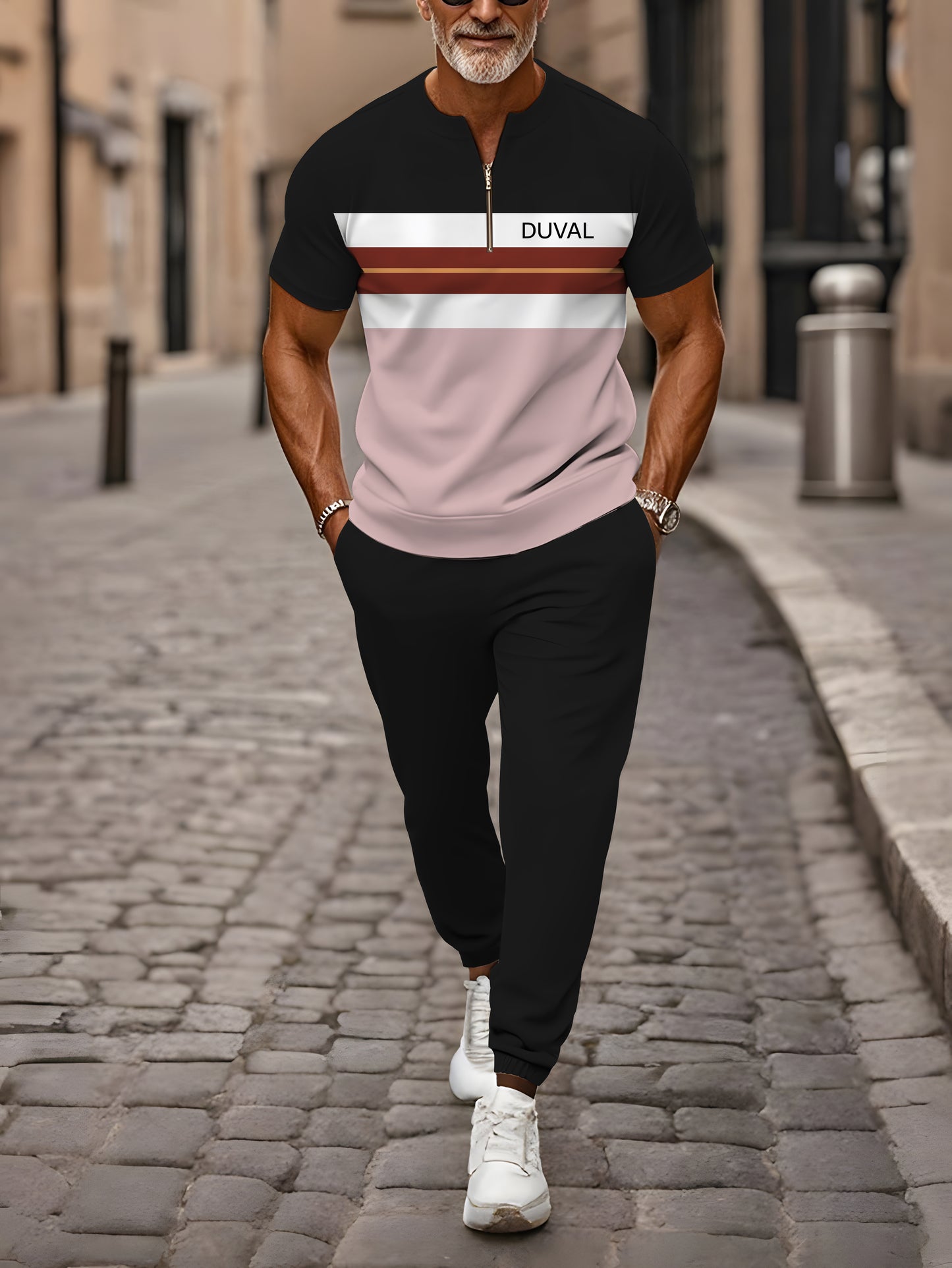 Zipper Short Sleeve Long Pants Two-Piece Set