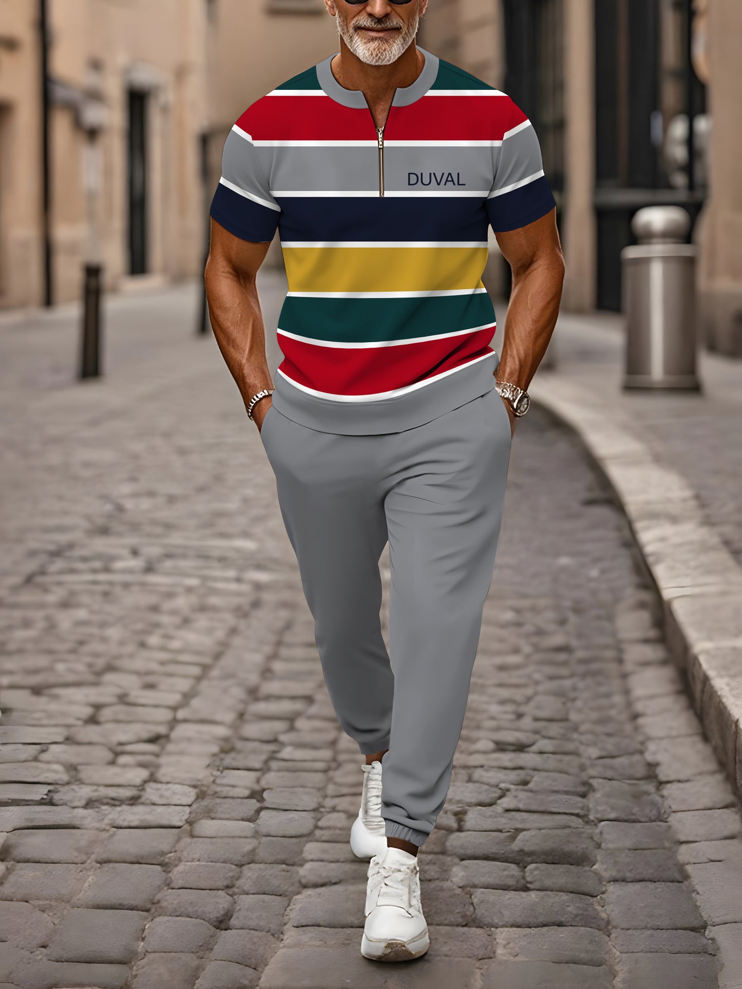 Zipper Short Sleeve Long Pants Two-Piece Set