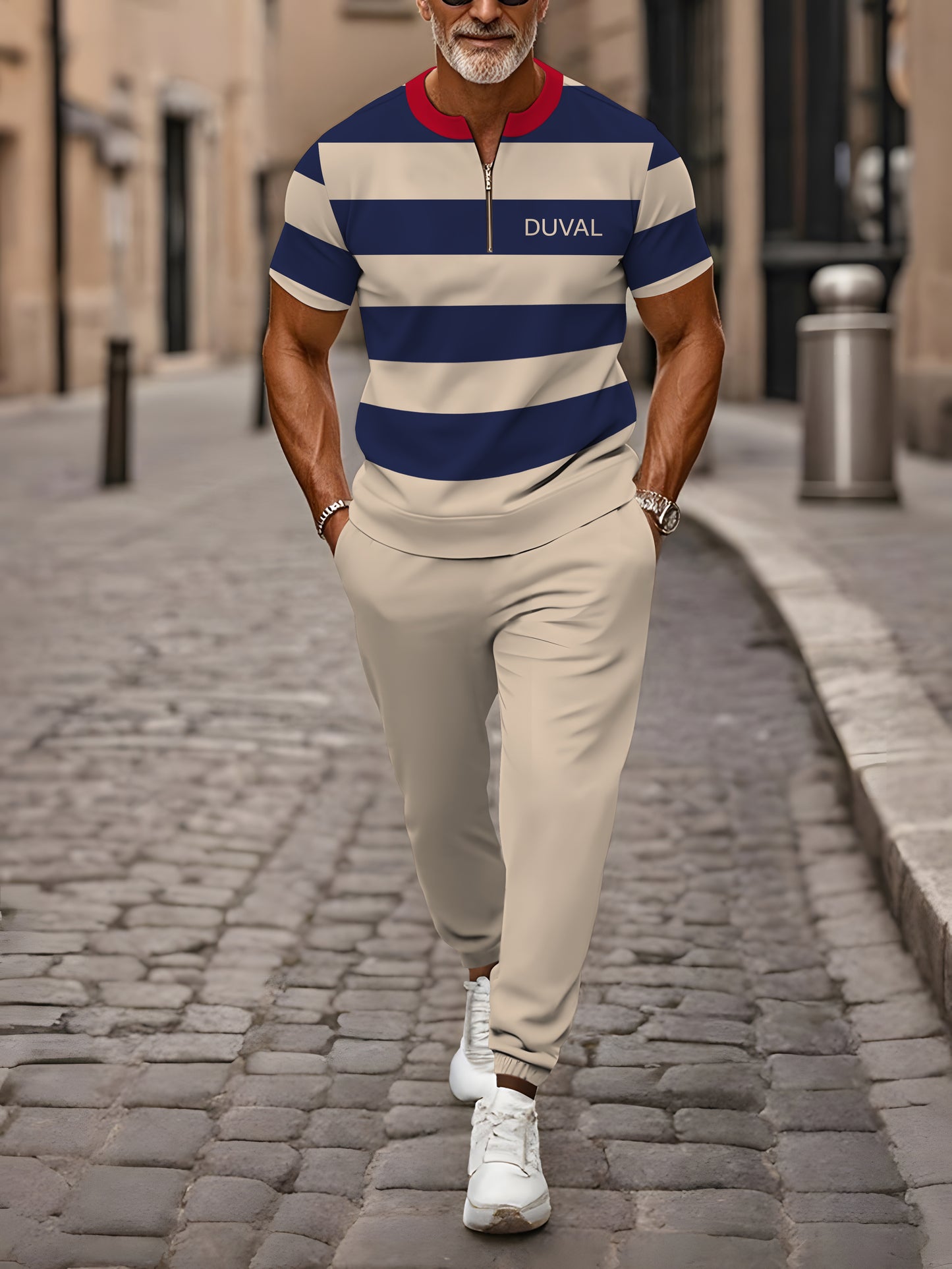 Zipper Short Sleeve Long Pants Two-Piece Set