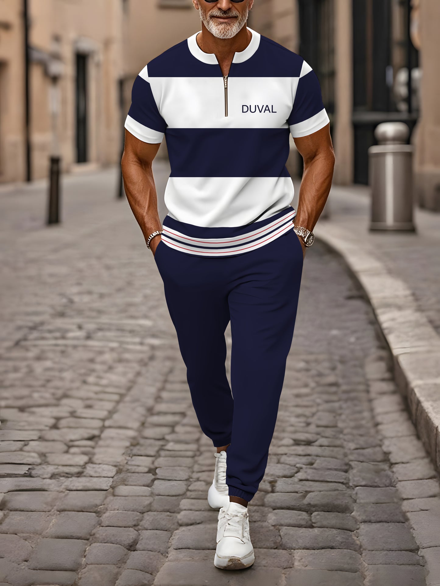 Zipper Short Sleeve Long Pants Two-Piece Set