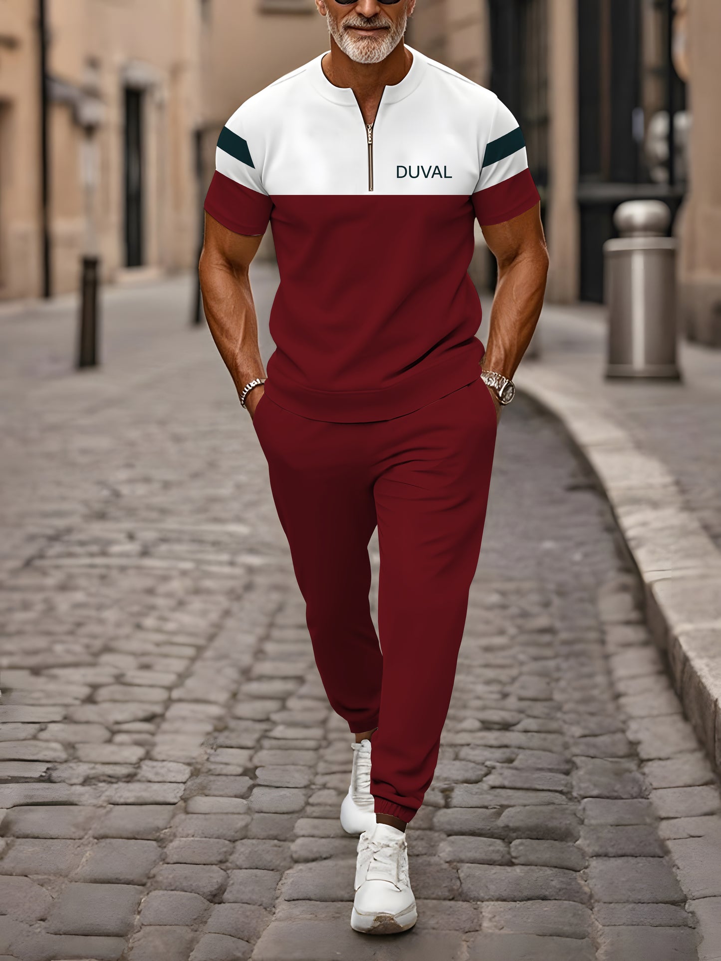 Zipper Short Sleeve Long Pants Two-Piece Set