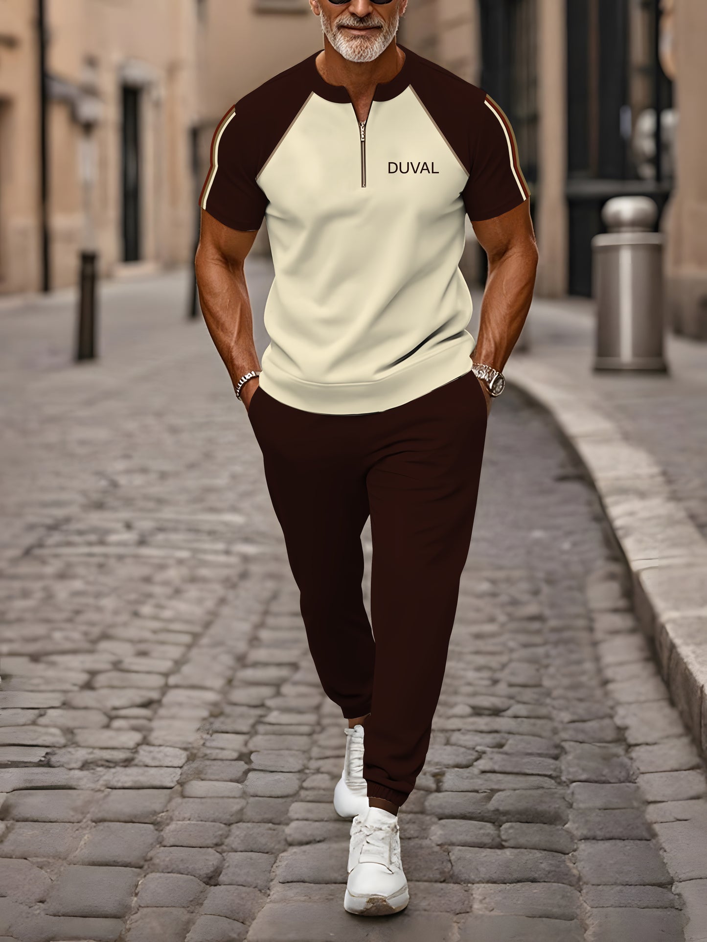 Zipper Short Sleeve Long Pants Two-Piece Set