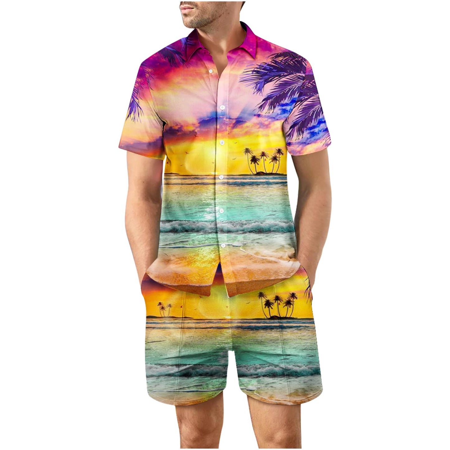 Tropical Sunset Panorama Button Up Short Sleeve and Shorts Loose Set