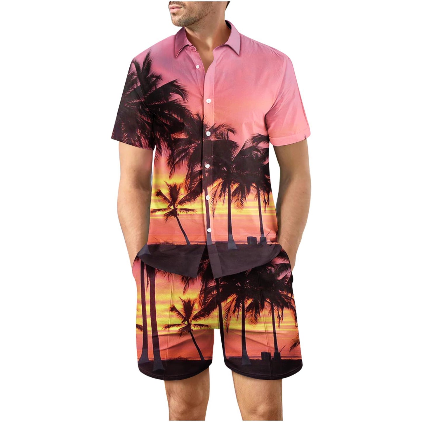 Tropical Sunset Ninth Button Up Short Sleeve and Shorts Loose Set