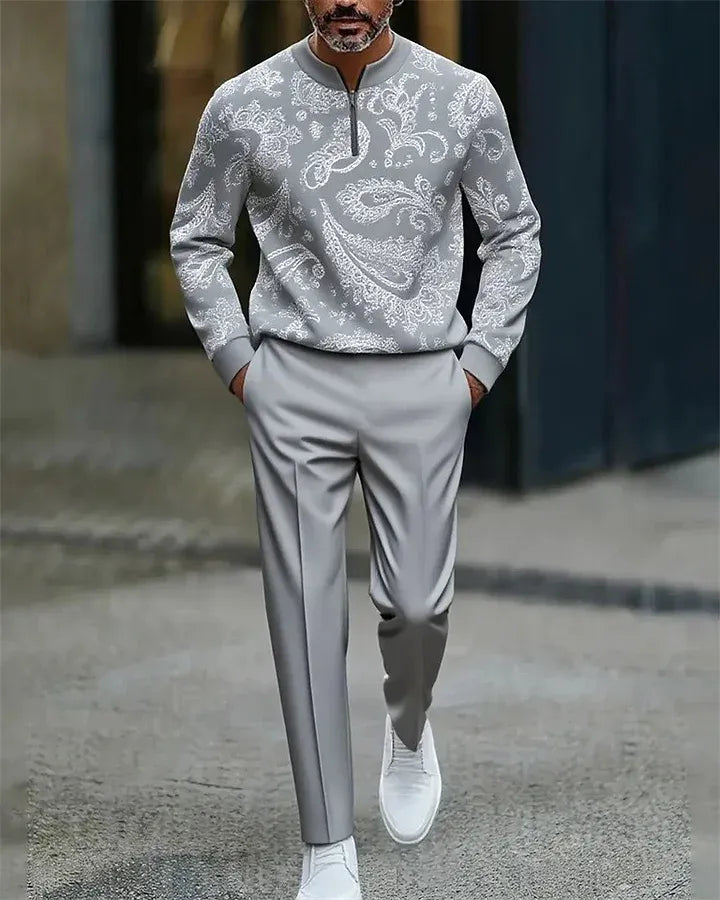 Neck Zipper Long Sleeved Trousers Two-Piece Set