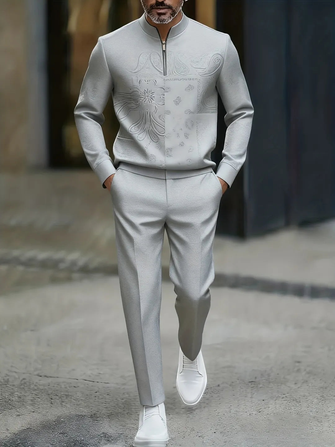 Neck Zipper Long Sleeved Trousers Two-Piece Set