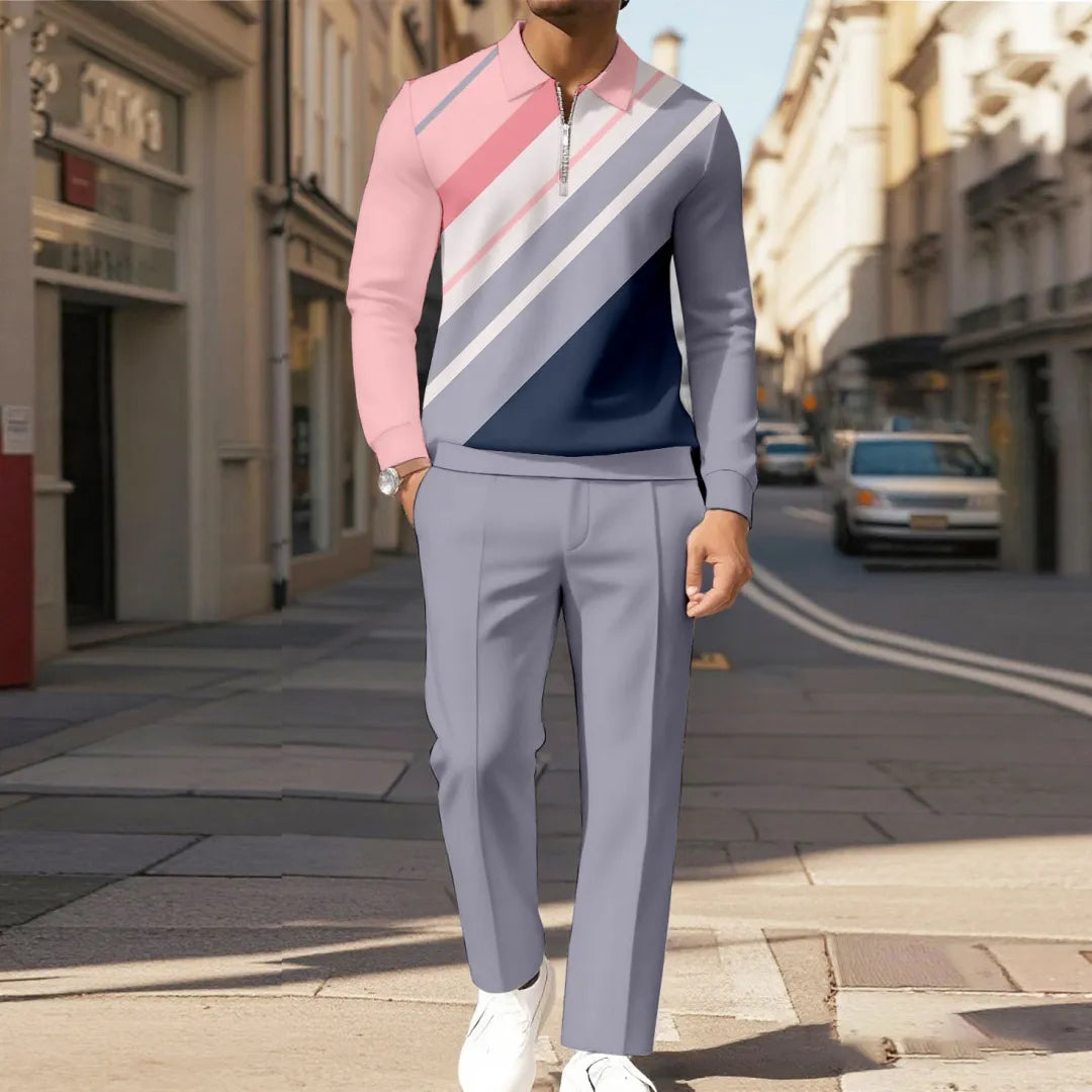 Zipper Long Sleeve Polo Long Pants Two-Piece Set