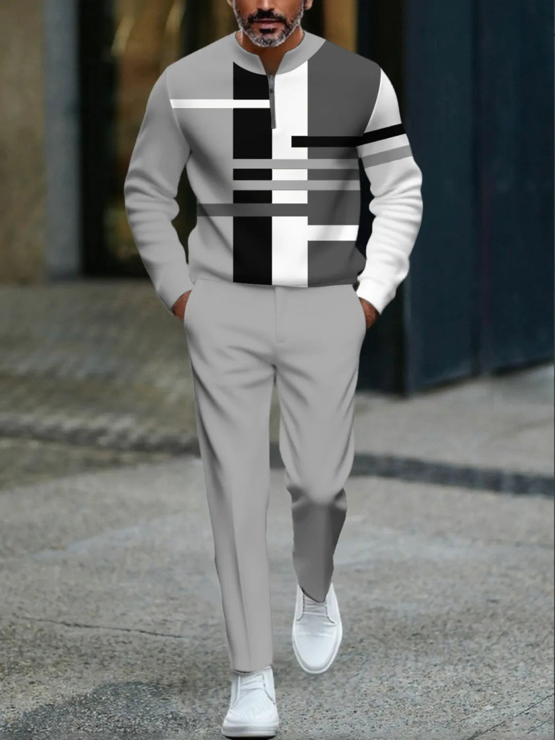 Neck Zipper Long Sleeved Trousers Two-Piece Set