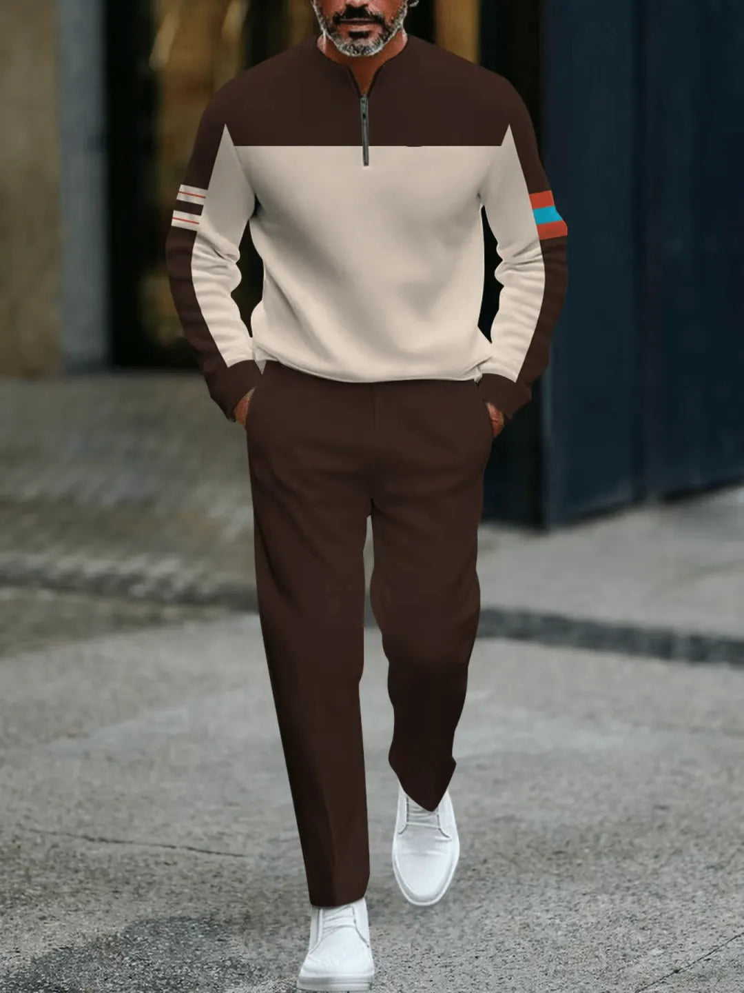 Neck Zipper Long Sleeved Trousers Two-Piece Set