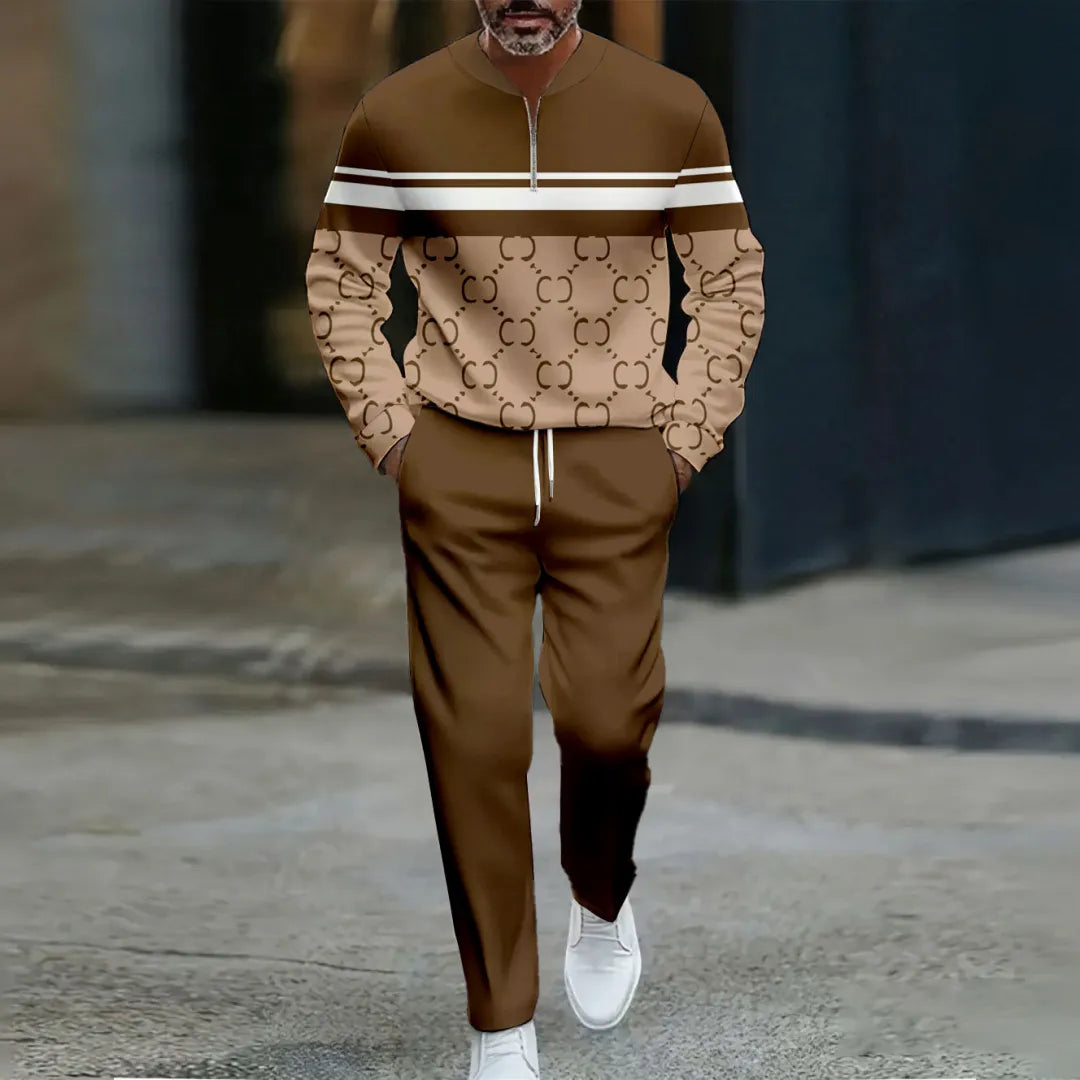 Neck Zipper Long Sleeved Trousers Two-Piece Set