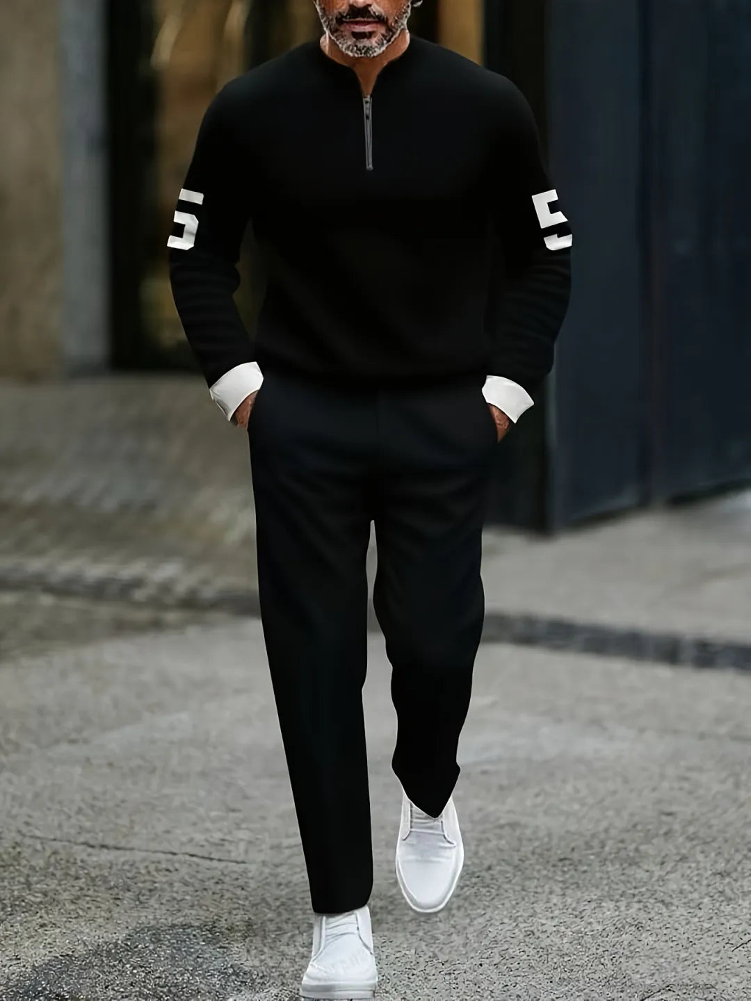 Neck Zipper Long Sleeved Trousers Two-Piece Set