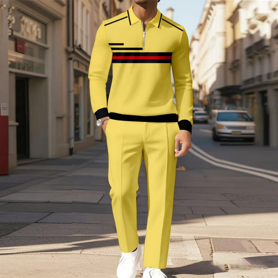 Zipper Long Sleeve Polo Long Pants Two-Piece Set