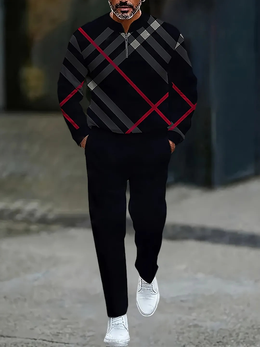 Neck Zipper Long Sleeved Trousers Two-Piece Set