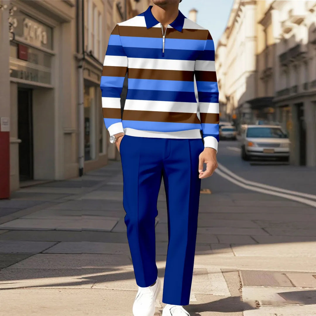 Zipper Long Sleeve Polo Long Pants Two-Piece Set