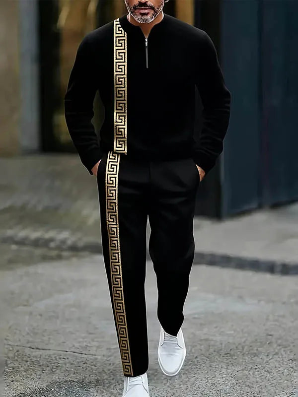 Neck Zipper Long Sleeved Trousers Two-Piece Set