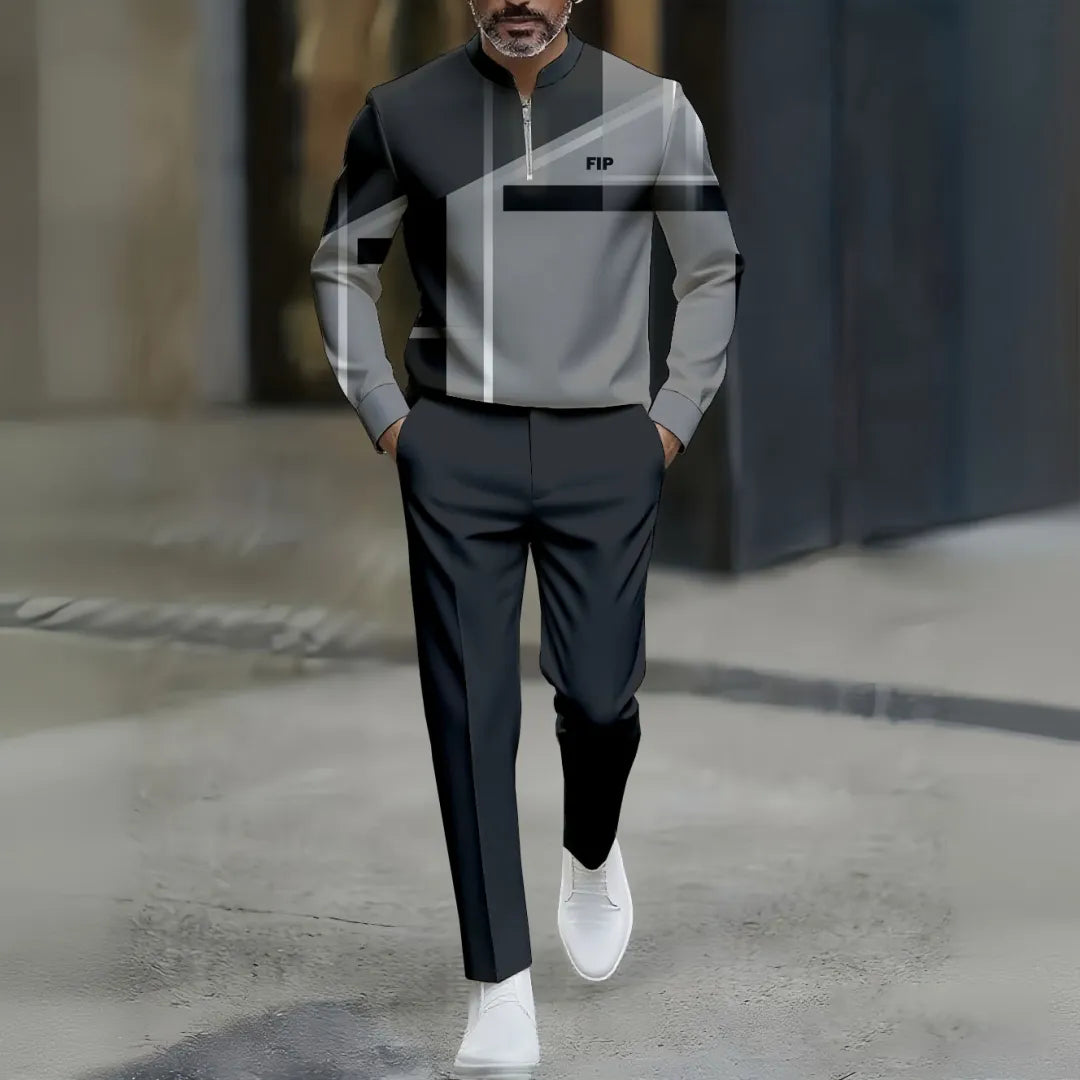 Neck Zipper Long Sleeved Trousers Two-Piece Set