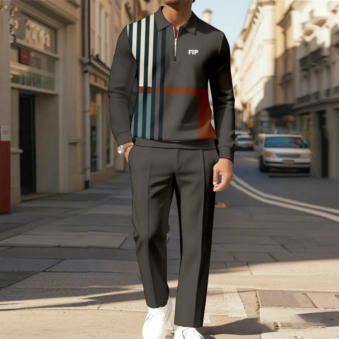 Zipper Long Sleeve Polo Long Pants Two-Piece Set