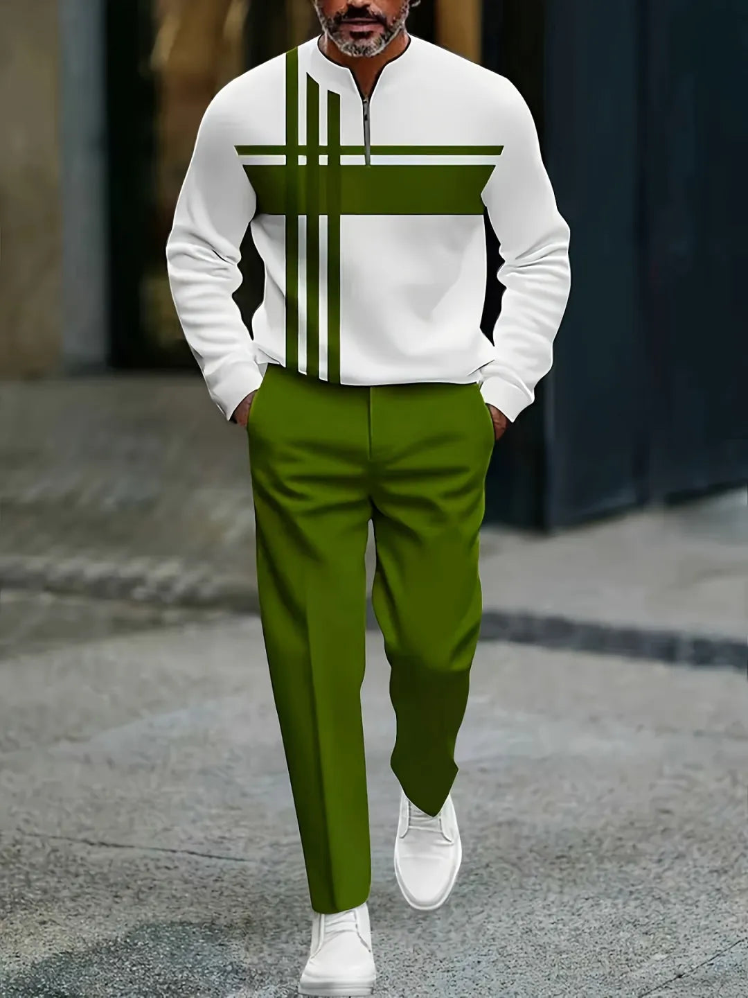 Neck Zipper Long Sleeved Trousers Two-Piece Set