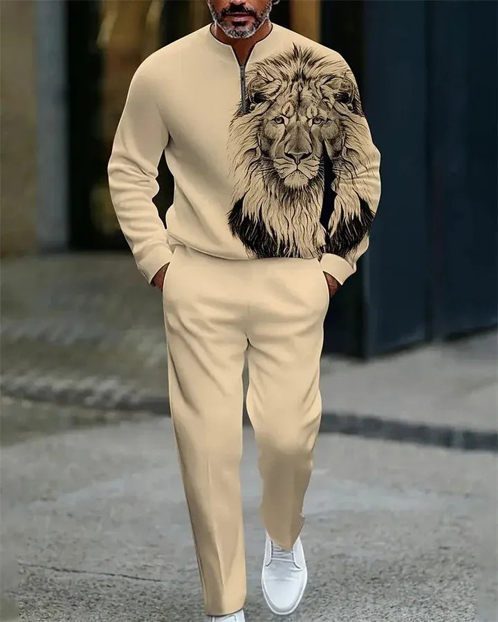 Neck Zipper Long Sleeved Trousers Two-Piece Set