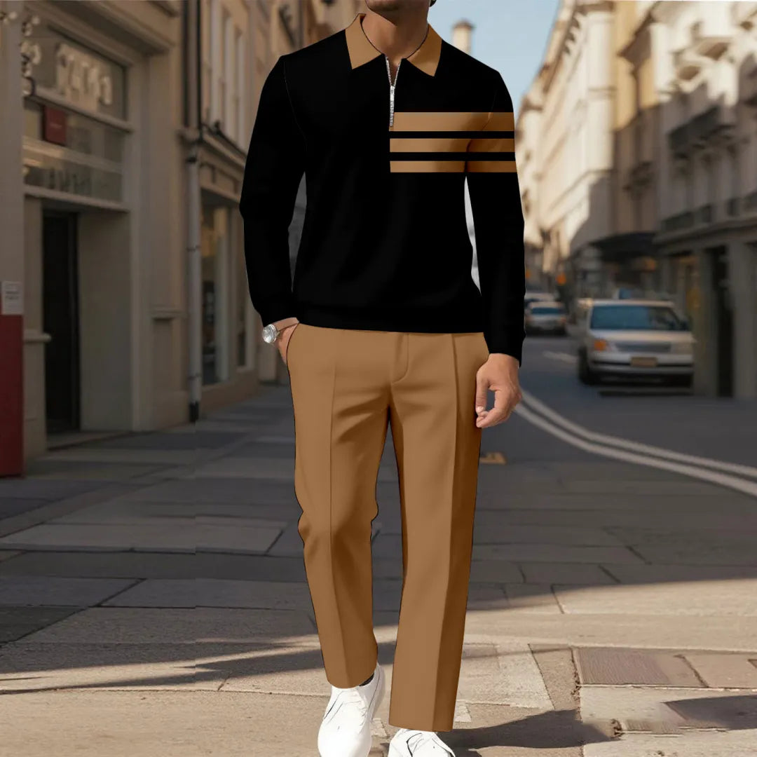 Zipper Long Sleeve Polo Long Pants Two-Piece Set