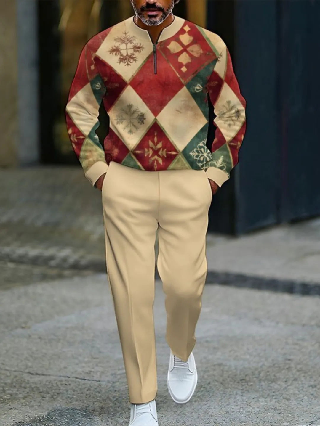 Neck Zipper Long Sleeved Trousers Two-Piece Set