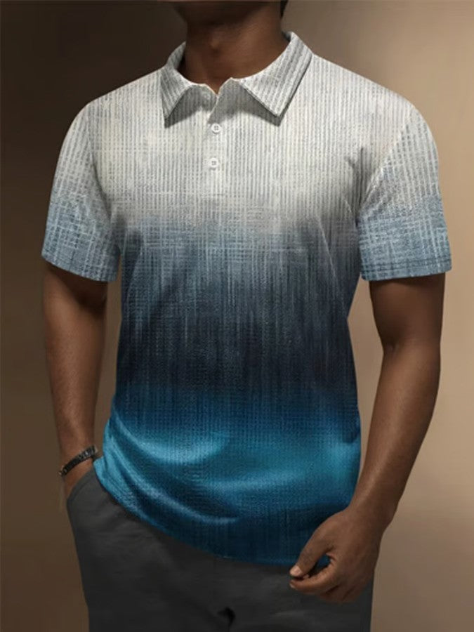 Ombre Abstract Stripe Button Short Sleeve Polo Shirt