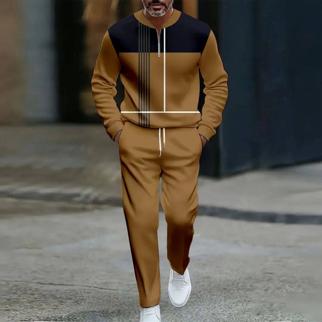 Neck Zipper Long Sleeved Trousers Two-Piece Set