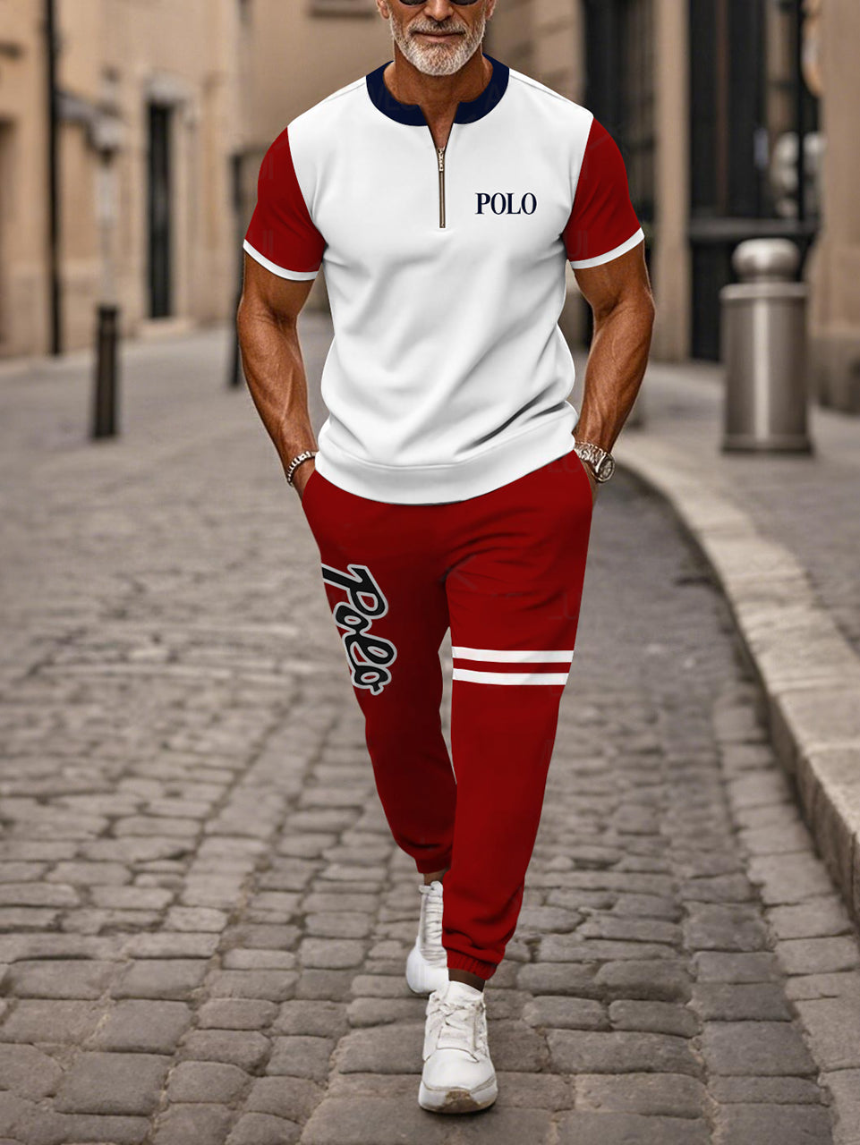 Zipper Short Sleeve Long Pants Two-Piece Set