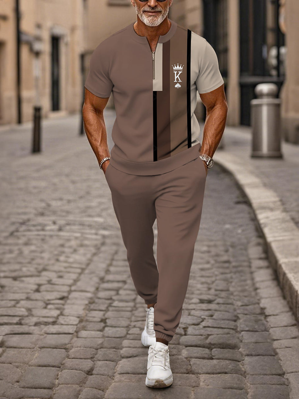 Zipper Short Sleeve Long Pants Two-Piece Set