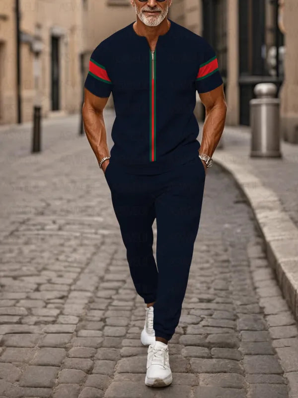 Zipper Short Sleeve Long Pants Two-Piece Set