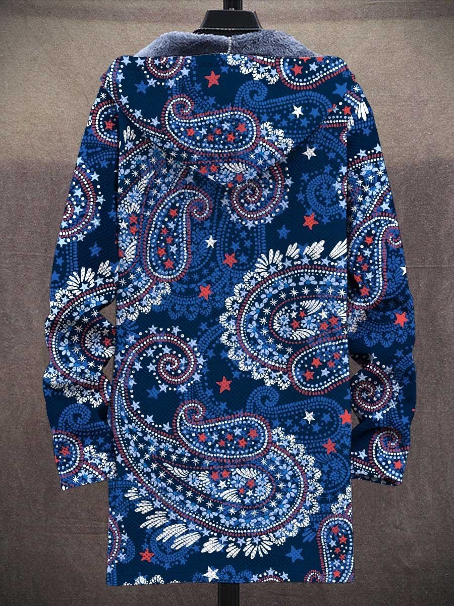 Paisley Pattern Print Hooded Two-Pocket Fleece Cardigan Jacket
