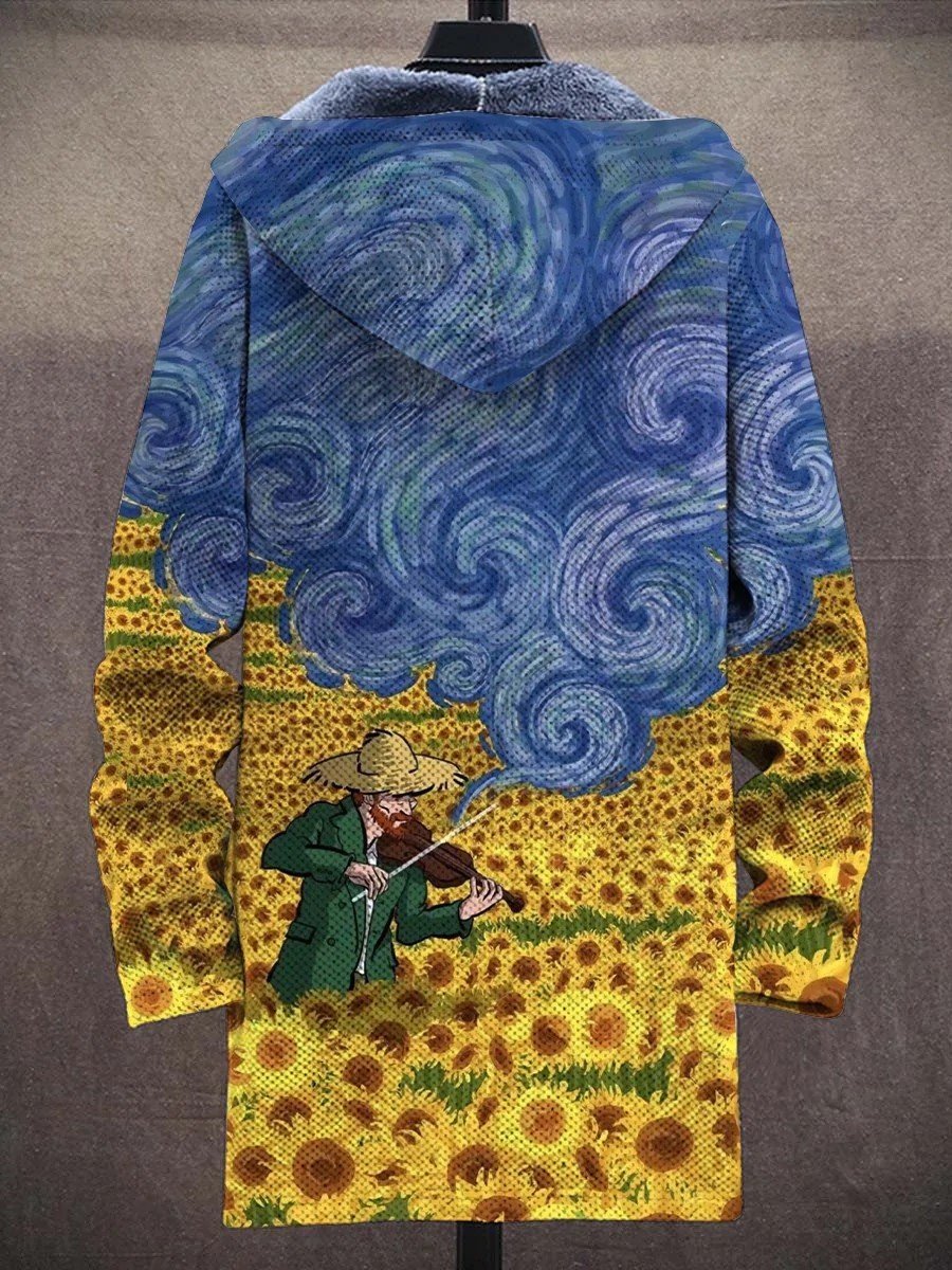Artist Van Gogh Print Hooded Two-Pocket Fleece Cardigan Jacket