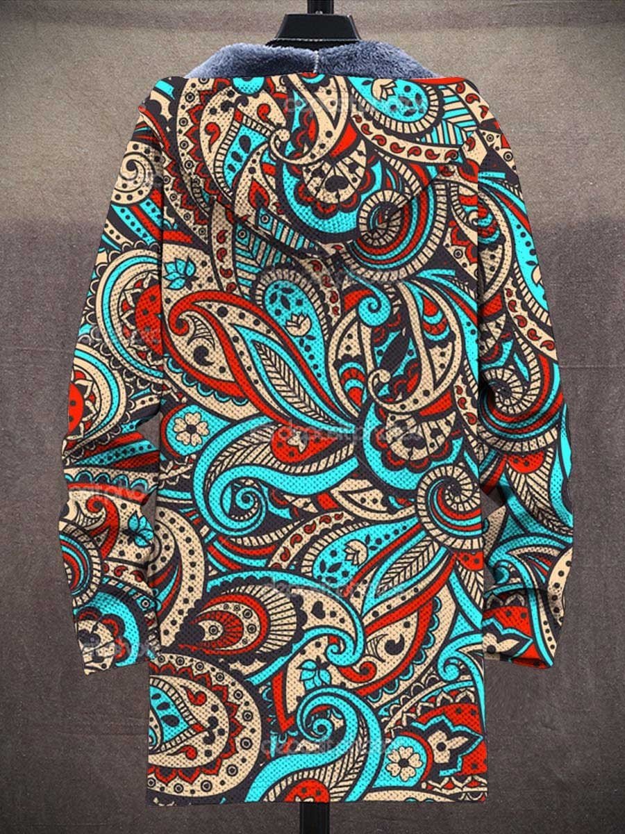 Art Paisley Pattern Print Hooded Two-Pocket Fleece Cardigan Jacket