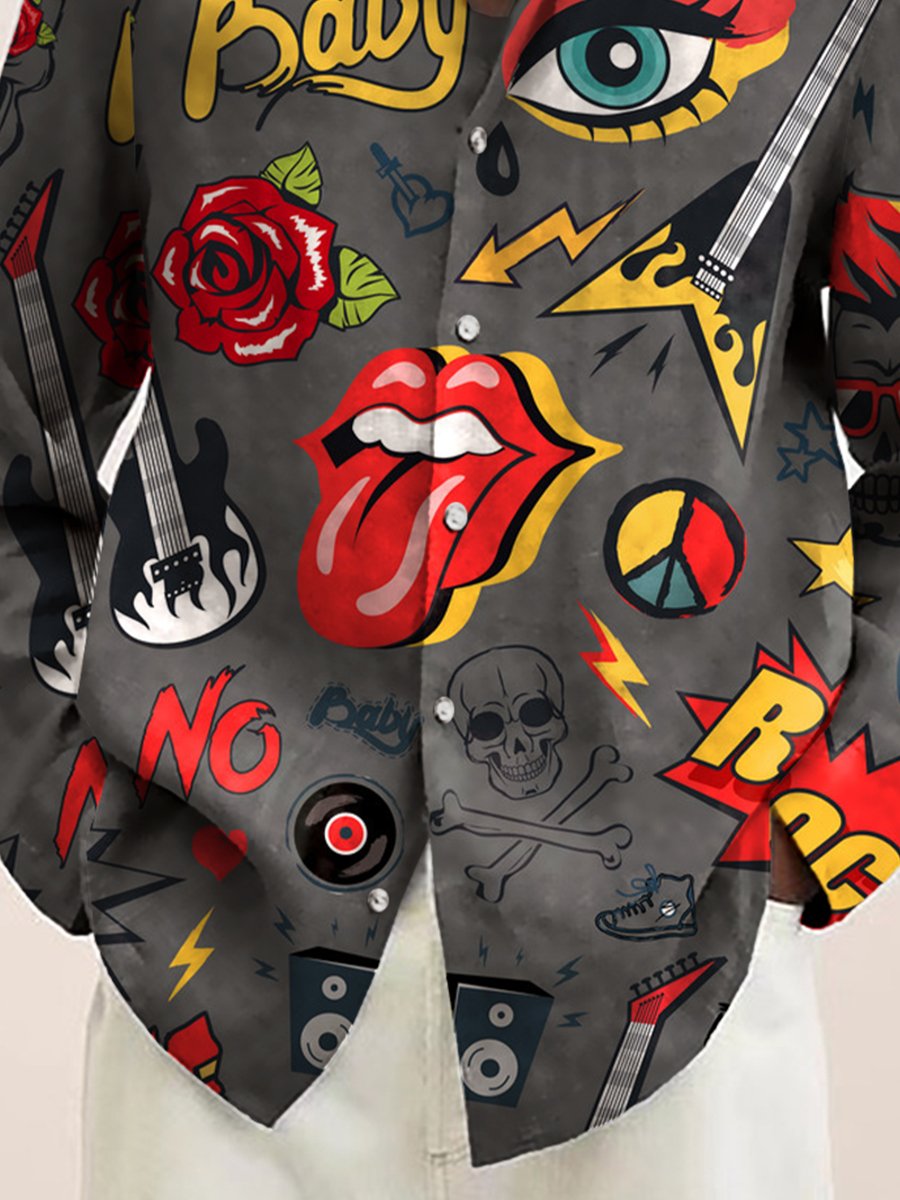 Vintage Casual Long Sleeve Shirt Rock Print Button Shirt