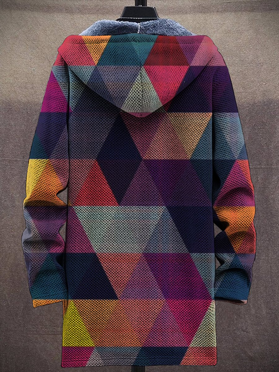 Art Squares Print Hooded Two-Pocket Fleece Cardigan Jacket