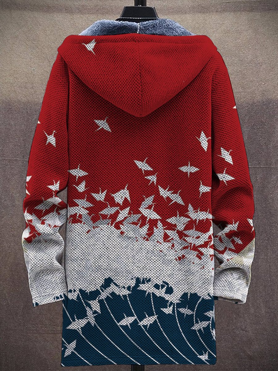 Japanese Style Paper Crane Print Hooded Two-Pocket Fleece Cardigan Jacket