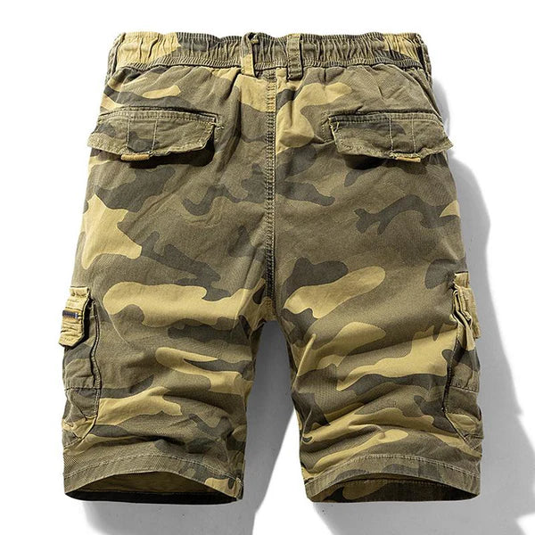 Retro Camouflage Cotton Multi-Pocket Elastic Waist Cargo Shorts