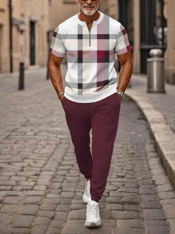 Zipper Short Sleeve Long Pants Two-Piece Set