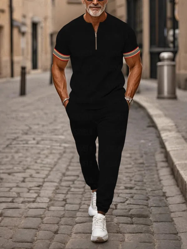 Zipper Short Sleeve Long Pants Two-Piece Set