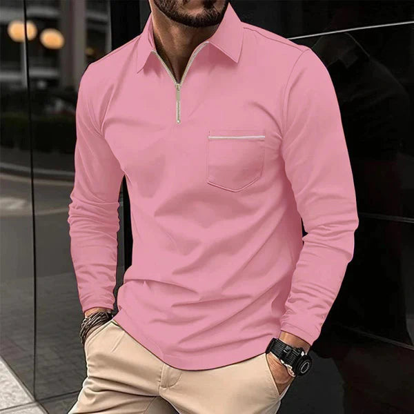 Solid Zipper Lapel Breast Pocket Long Sleeve Polo Shirt