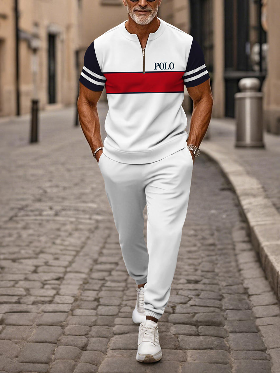 Zipper Short Sleeve Long Pants Two-Piece Set