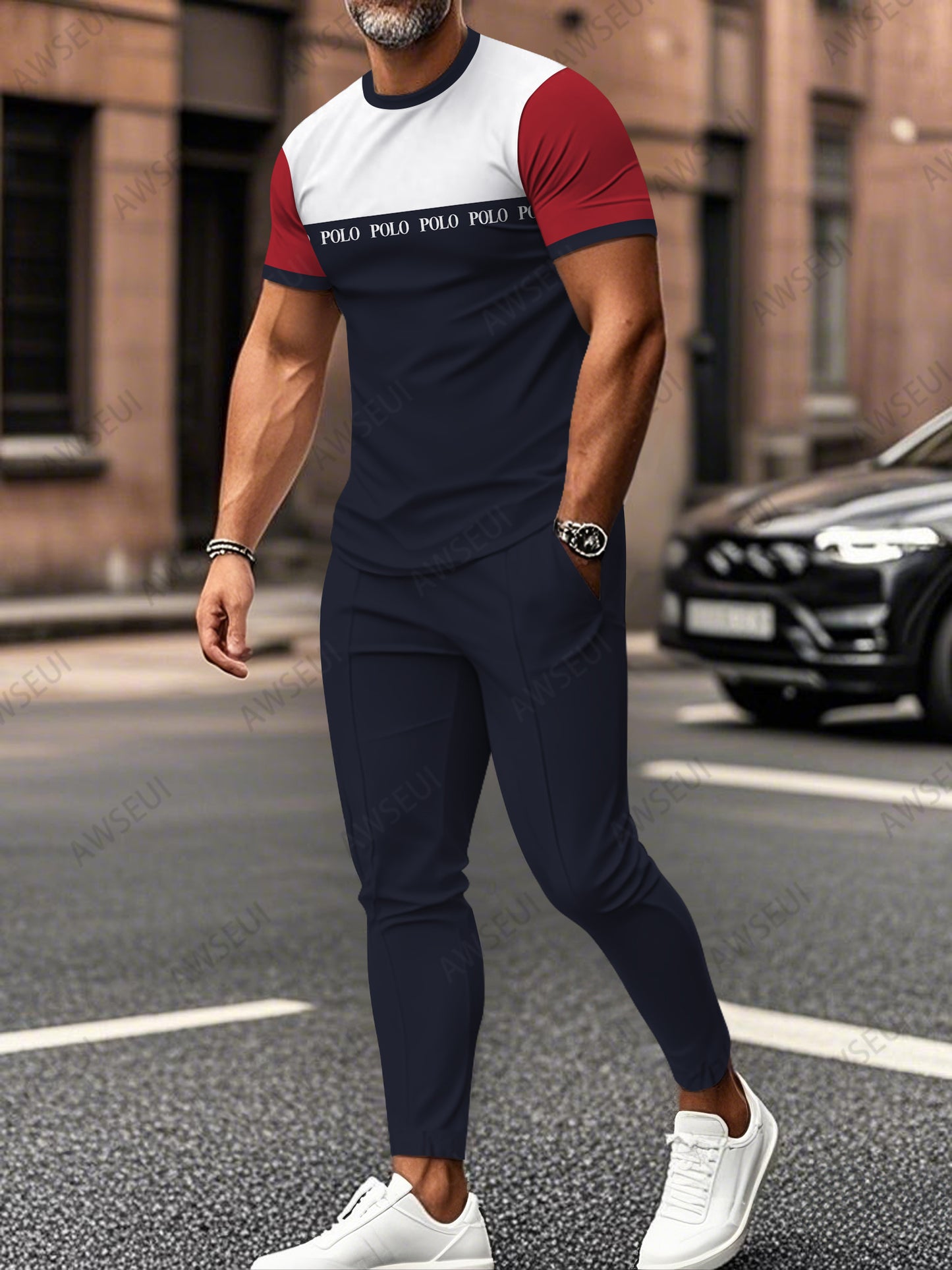 Zipper Short Sleeve Long Pants Two-Piece Set